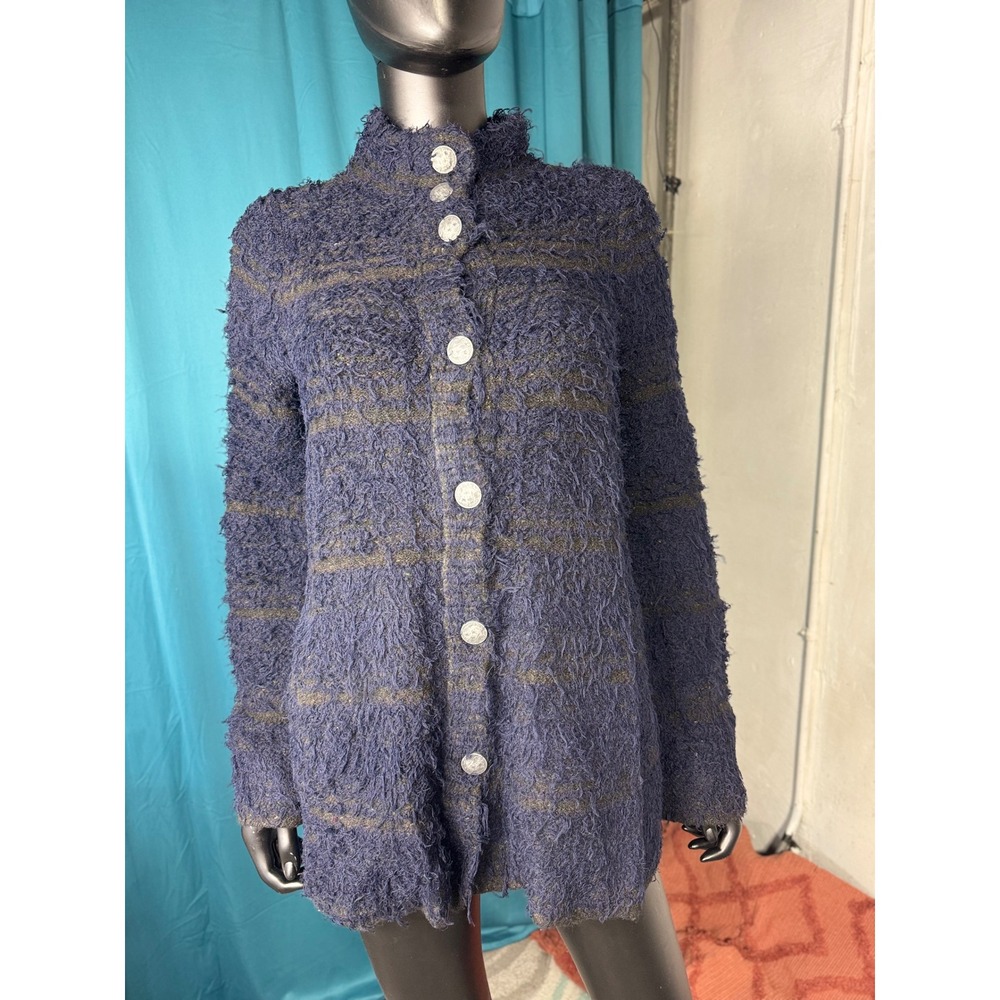 Free‎ People Fuzzy Stripe Button Front Cardigan Blue Olive Green Women's S